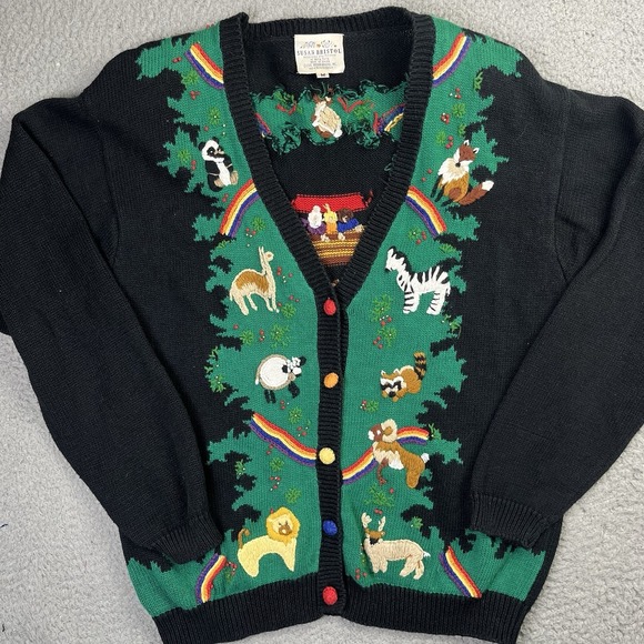 Susan Bristol Sweaters - Vintage 90s Susan Bristol Cardigan Sweater Noah's Ark Rainbows Womens Medium